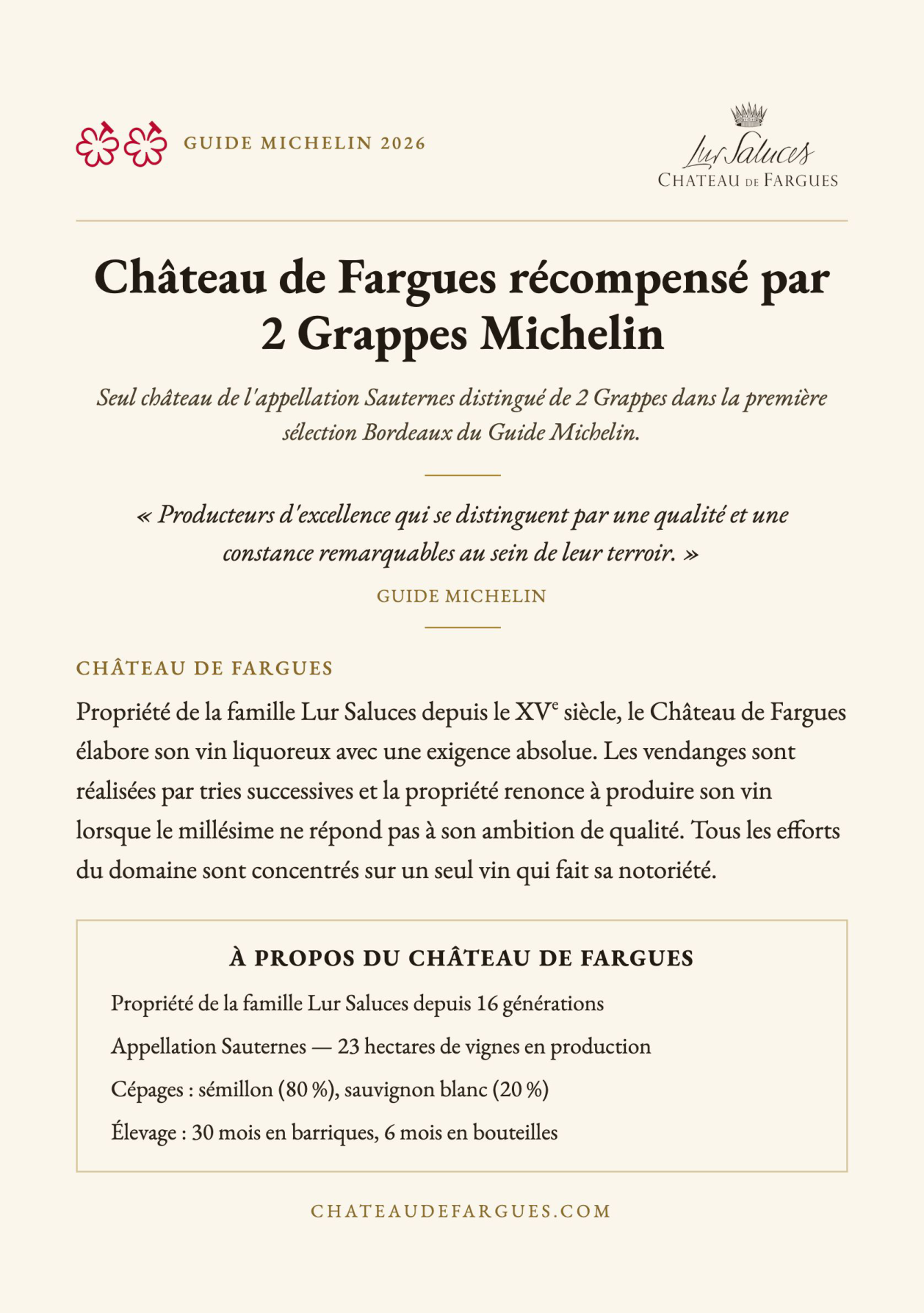 Château de Fargues récompensé par 2 Grappes Michelin — Guide Michelin 2026