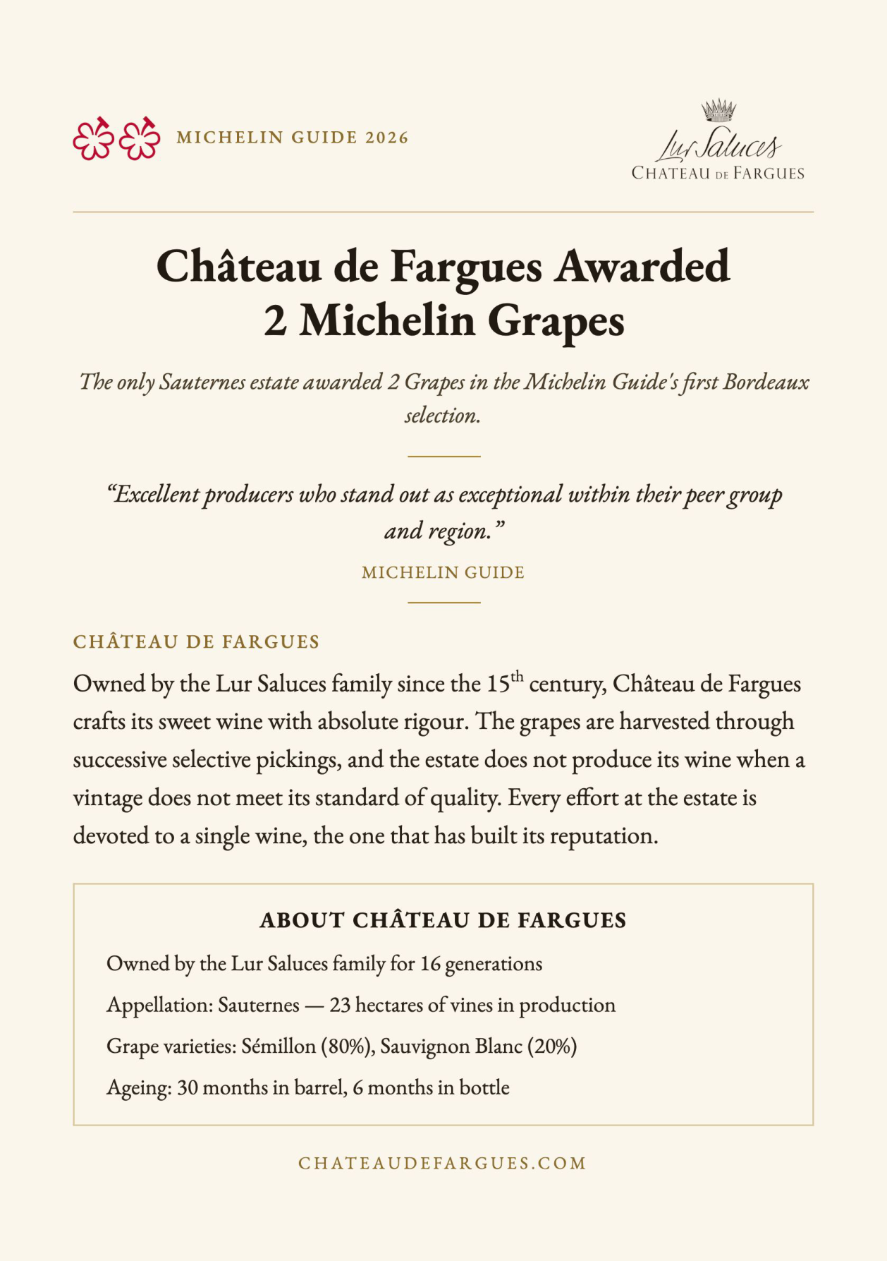 Château de Fargues Awarded 2 Michelin Grapes — Michelin Guide 2026